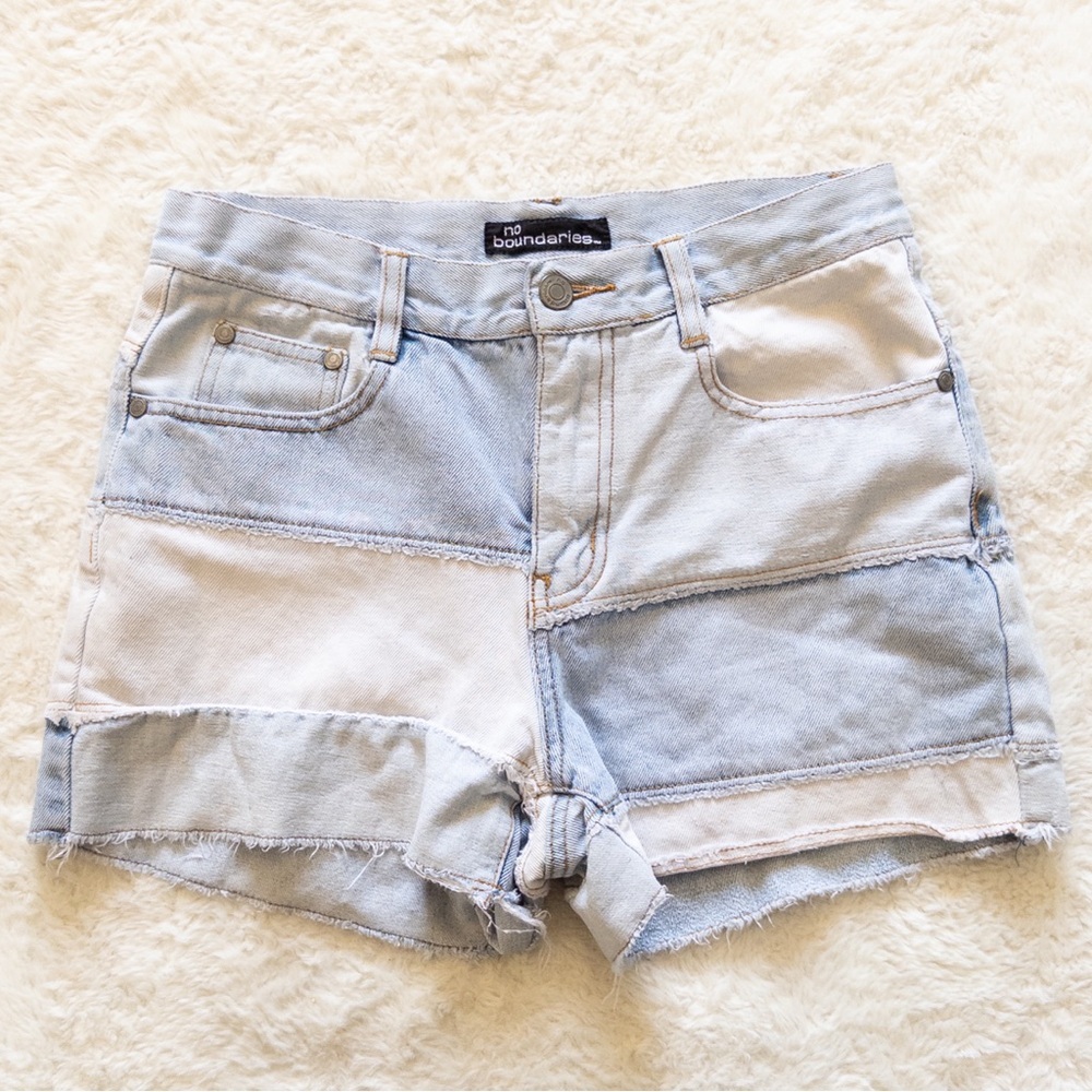 No Boundaries Women's Blue and White Patchwork Shorts Vintage